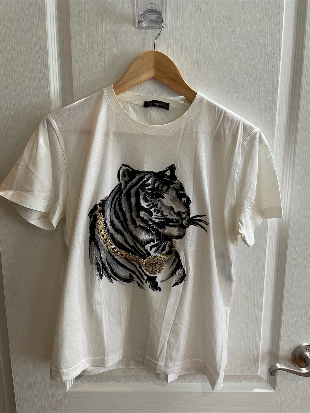Versace White Short Sleeve Tee with Black Tiger and Gold Medallion